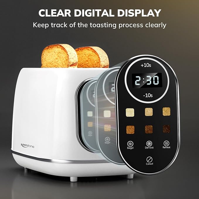 Keenstone Smart Touch Screen Toaster 2 Slice Retro Wide Slot Stainless Steel Toaster with 6 Browning Levels Reheat &amp Defrost for Bagel Toast Bread Removable Crumb Tray White