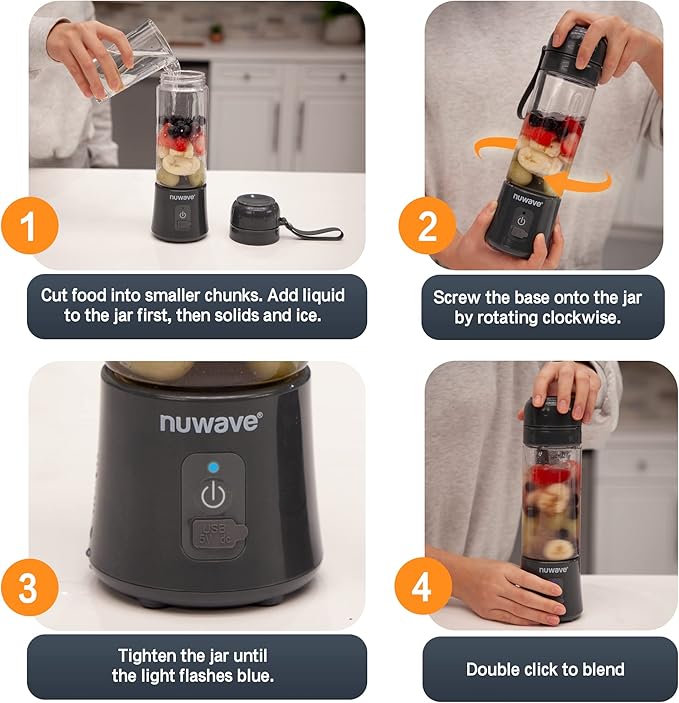 Nuwave Portable Blender with USB-C Rechargeable 6-Blade for Crushing Ice BPA Free 18 Oz Jar Smoothies Blender for Travel Office and Sports Obsidian Gray