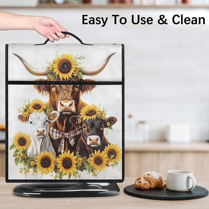 Kitchen Aid Mixer Cover Sunflower Cute Highland Cows Stand Mixer Cover Compatible with 6-8 Quarts Stand Mixers Dust Covers with Zipper Pocket Foldable Washable Kitchen Aid Organizer Bag