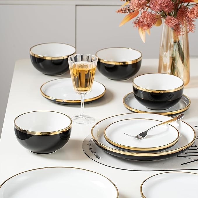 Black and Gold Ceramic Dinnerware Sets for 4 16-Piece Luxury Plates and Bowls Sets with Gold Rim Modern Dish Set for Wedding Christmas Anniversary Crack Resistant | Dishwasher Safe (Black)
