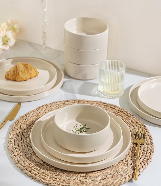 TheTerra Ceramic Dinnerware Sets for 4 12 Pieces Handmade Reactive Glaze Plates and Bowls Set Scratch Resistant Dish Set Oven &amp Microwave &amp Dishwasher Safe Ice Cream