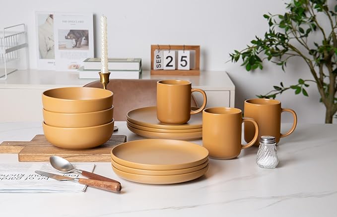 12-Piece Stoneware Dinnerware Set for 3 - Chip-Resistant Plates Bowls &amp Mugs Premium High-Density Stoneware Dishwasher &amp Microwave Safe Stackable Space-Saving Design with Matte Glaze(Orang