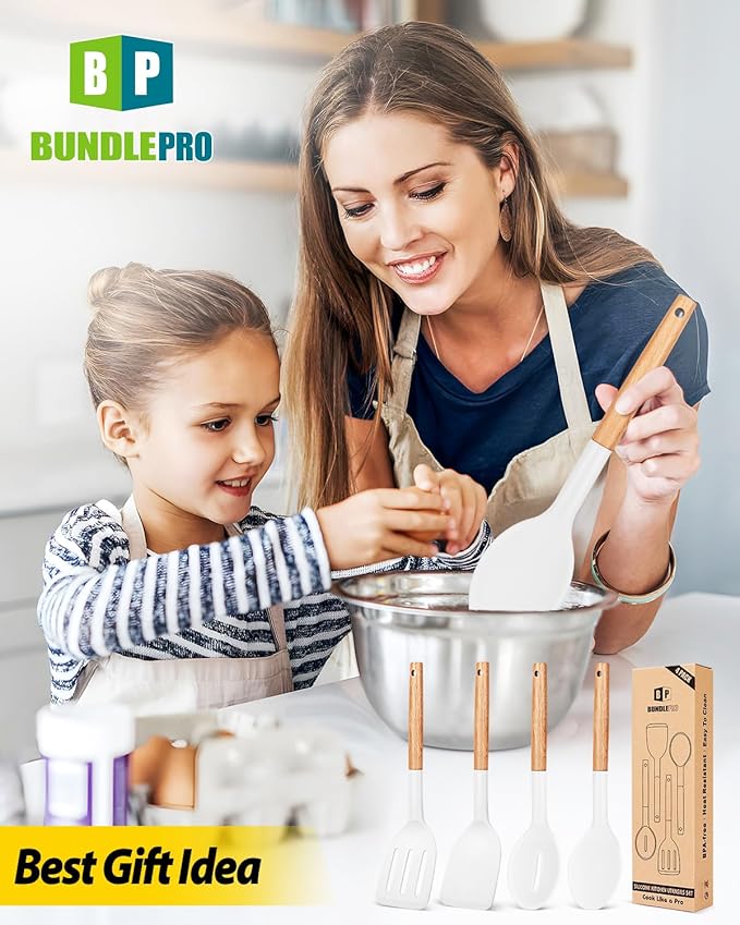 Pack of 4 Silicone Cooking Utensils Set Non Stick Solid Spatulas and Heat Resistant Slotted Spoons with Wooden Handle Ideal Wood Kitchen Utensils Set for FryingServingTurningStirring (WHITE)