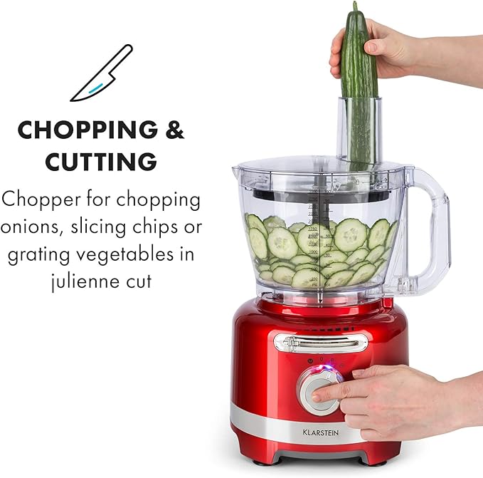Klarstein Luca Multi-Function Mixer Blender Chopper Kitchen Grater Juicer Food Processor 1000 Watt Stepless 6 Levels BPA Free 3 Litres 3 L Measuring Cup Spatula Red