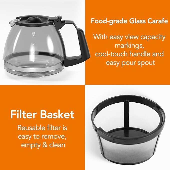 Compact 5-Cup Programmable Drip Coffee Maker — the essential coffee machine with Digital Clock 24-hour Timer Auto Shut-Off and a Removable Filter Basket for Home &amp Office.