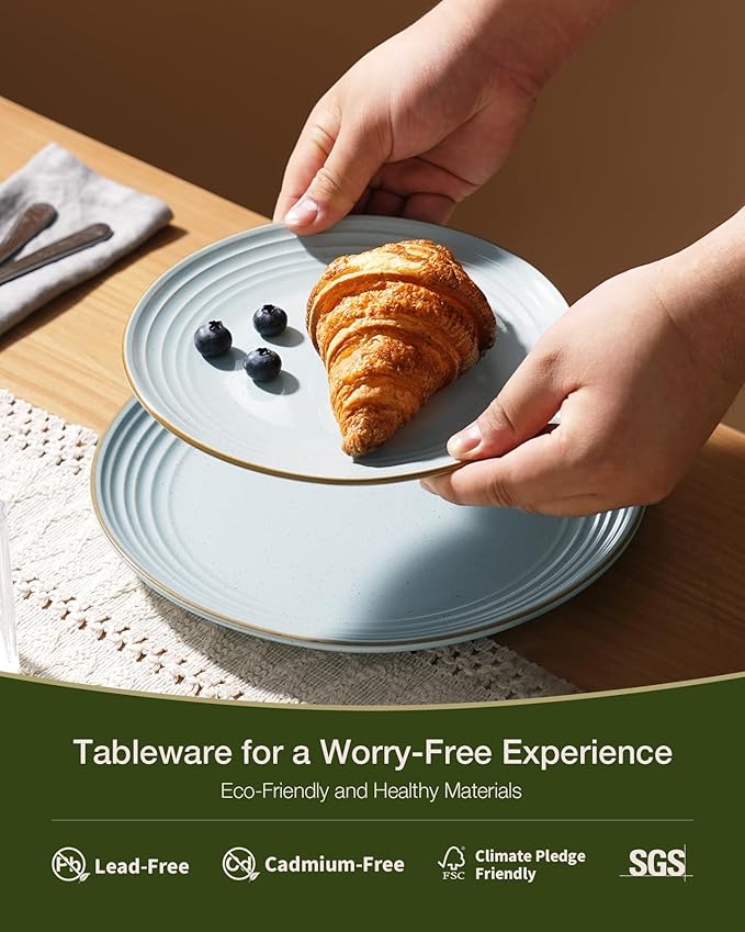 Famiware Jupiter Stoneware Dinnerware Sets Handcrafted Plates and Bowls with Embossed Swirl &amp Speckles Blue - Chip &amp Scratch Resistant Dishwasher &amp Microwave Safe Modern Dishes for 4 (1