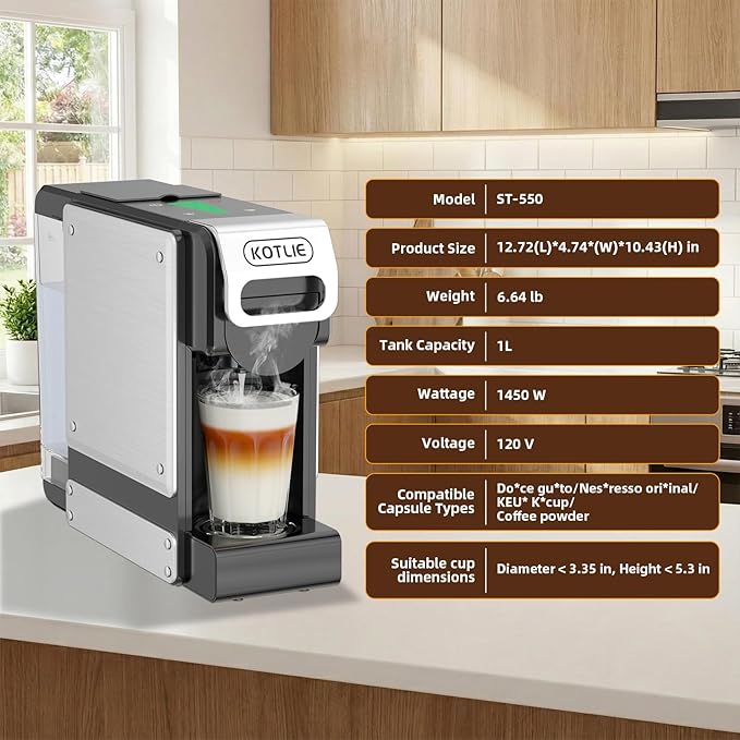 KOTLIE Single Service Coffee Maker for K*cup/Dol*e Gu*to/Ne*presso Original and Ground Coffe34 oz7 Water LevelsCompact Coffee MakerST-550 (Black)
