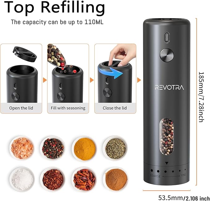 Electric Salt and Pepper Grinder Set Rechargeable Automatic Salt and Pepper Shakers with 6 Adjustable Coarseness Christmas Gift Larger Capacity LED Light One-Handed Operation 2 Packs