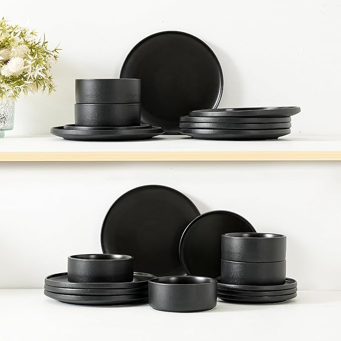 12 Piece Dinnerware Set Modern Minimalist Stoneware Plates and Bowls Sets Modern Dinner Plate Salad Plate Cereal Bowl Dish Set for 4 Microwave and Dishwasher Safe Matte Black
