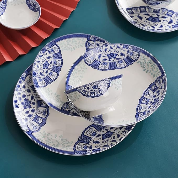 Creativity Ceramic Dinner Plate Sets 58 Piece Dinnerware Set Service for 6-8 Blue and White Pattern Bone China Bowls and Dish Set