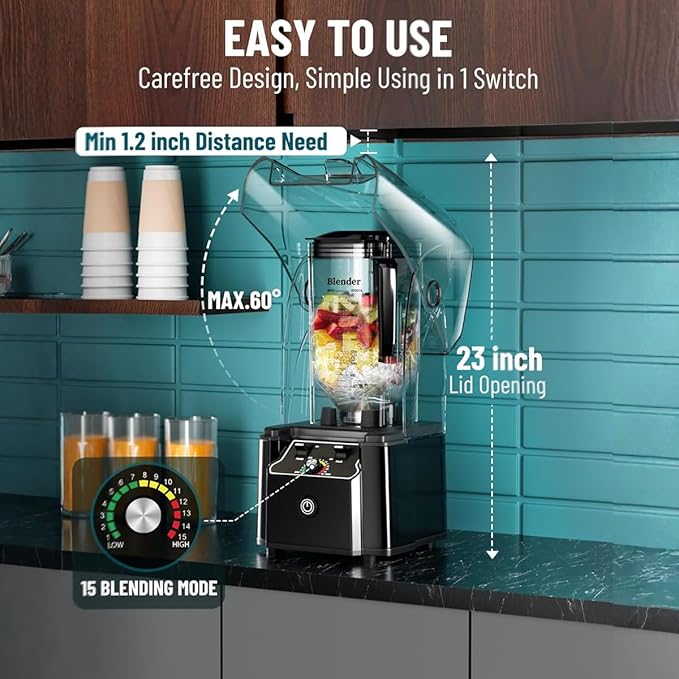 Professional Commercial Blender With Shield Quiet Sound Enclosure 2200W Industries Strong and Quiet Professional-Grade Power Self-Cleaning Black