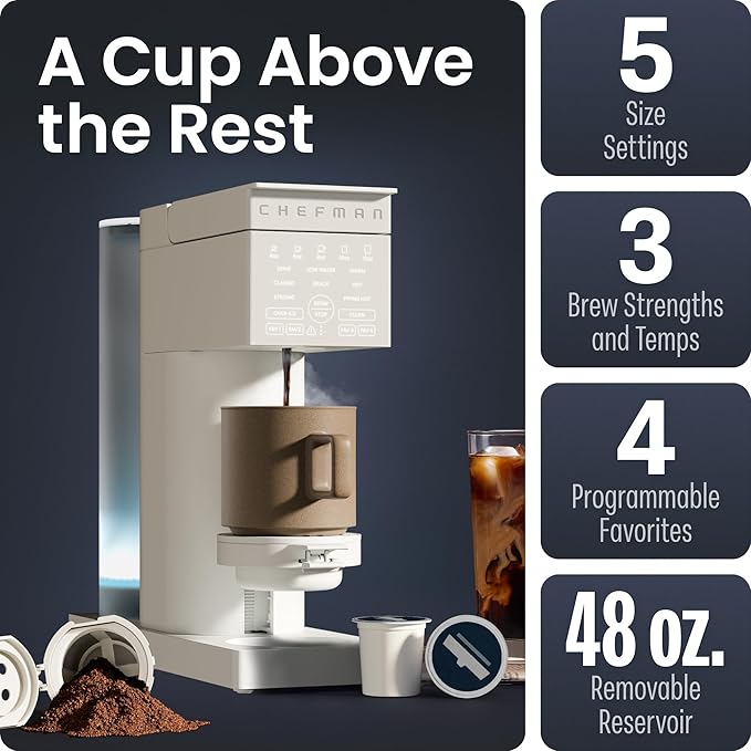 Chefman Caffeinator Single Serve Coffee Maker Brew Kcups &amp Grounds Drip Coffee Machine with Brew Strength Settings Iced Coffee Function 48 oz. Removable Water Reservoir
