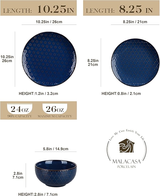 MALACASA 12 Pieces Dinnerware Sets Modern Plates and Bowls Sets Blue Dish Set for 4 Kitchen Ceramic Dinner Plates Dishware Set Microwave and Dishwasher Safe Series LYDIA