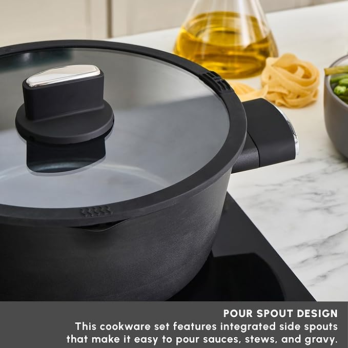 Karaca Swiss Crystal Ceramic Midnight Cookware Set - Non Stick Pots and Pans Set with Lid - PFAS-Free Dishwasher Safe Induction Hob Compatible Cookware Black 6 Piece