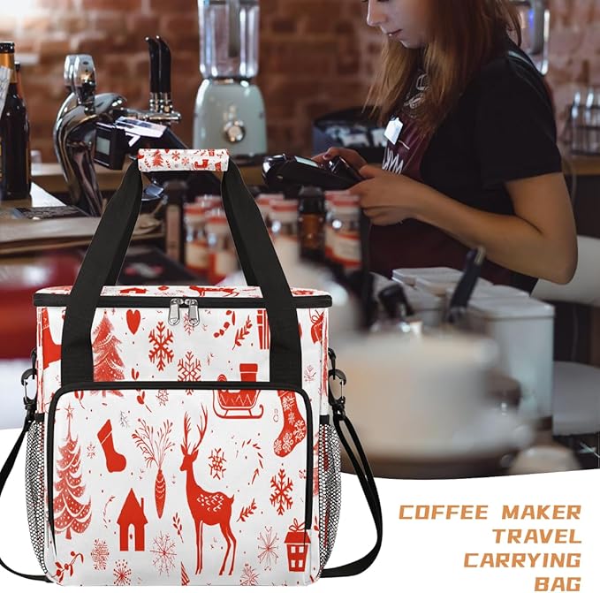 Christmas (740) Coffee Maker Carring Bag Travel Carrying Storage Tote Bag Compatible with Keurig K-Mini or K-Mini Plus Portable Single Serve Coffee Brewer Case with Pockets for K-cup Pods