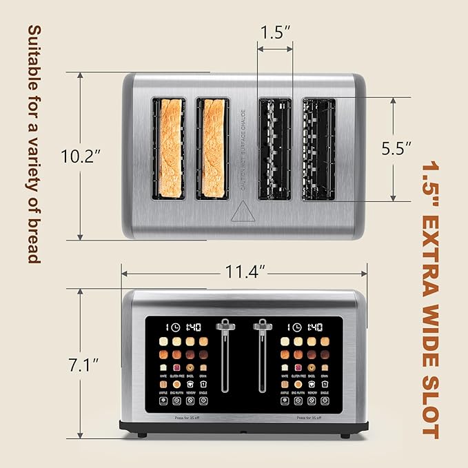 4 Slice Toaster Touch Screen Stainless Steel Toasters Digital Timer Dual Control Panel Toasters 8 Shade Settings 6 Bread Types for Bagel Cancel Defrost 1650W