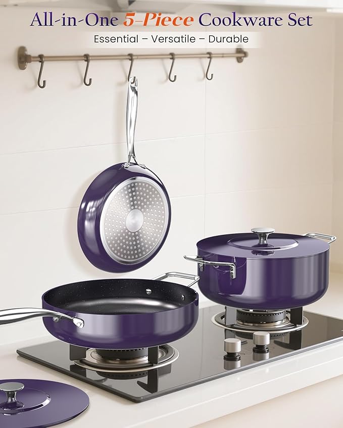 Nuwave Essential Series 5PC Ceramic Cookware Set PFAS-Free G11 Duralon Blue Coating Pots and Pans Set Non Stick Diamond Scratch-ResistantStay-Cool Handle Metal LidInduction ReadyDishwasher Safe