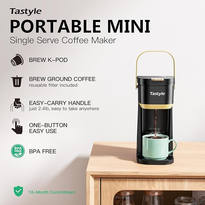 Single Serve One Cup Coffee Maker for K Cups and Grounds Mini Coffee Maker with Portable Handle 6 to 12 Oz Brew Size for Travel Camping Office RV and Dorm 120V Black and Gold