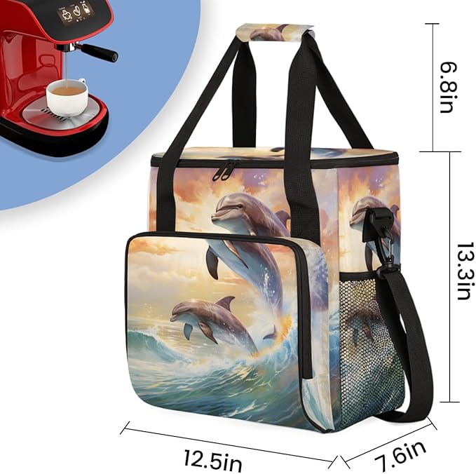 Sunset Dolphin Coffee Maker Carrying Bag Cute Dolphin Travel Storage Bag Compatible with K-Mini or K-Mini Plus Single Serve Coffee Brewer Carrying Case with Multiple Pockets &amp Shoulder Strap
