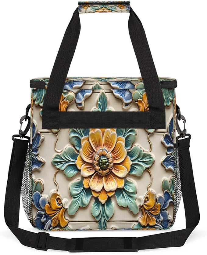 Ceramic Flowers Coffee Maker Carring Bag Travel Carrying Storage Tote Bag Compatible with Keurig K-Mini or K-Mini Plus Portable Single Serve Coffee Brewer Case with Pockets for K-cup Pods