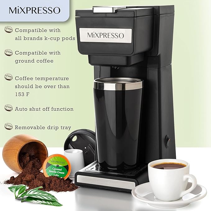 Mixpresso Coffee Maker Single Serve For Ground Coffee &amp Compatible With K Cup Pods With 14oz Travel Mug &amp Reusable Filter For Home Office &amp Camping.
