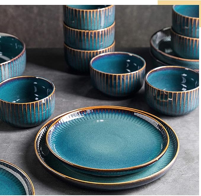 Blue Dinnerware Sets Plates and Bowls Sets Stoneware Dish Set Round Reactive Glaze Stoneware Dinnerware Set (24 Pieces)