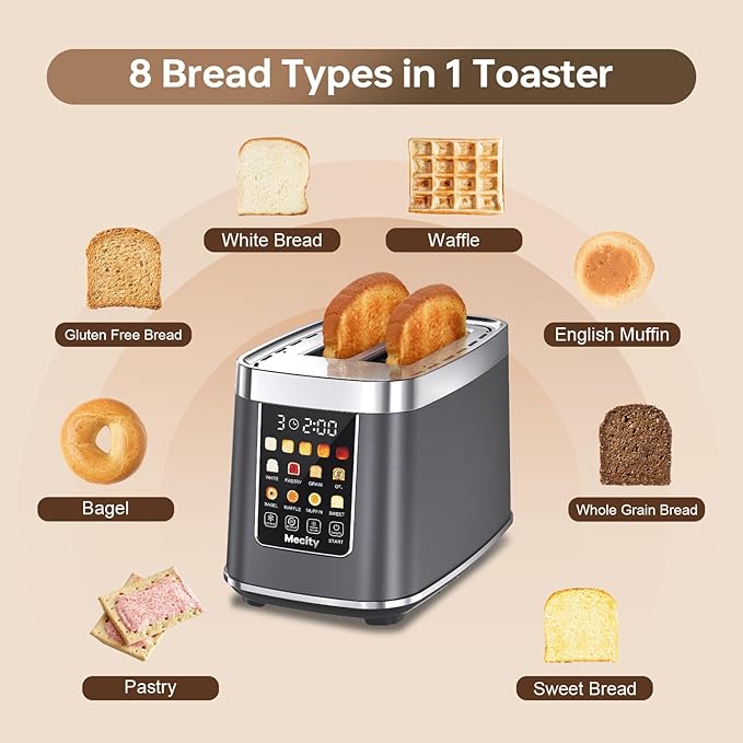 Mecity 2 Slice Toaster with Touch Screen &amp Auto Lift Stainless Steel Cool-Touch Toaster with 8 Bread Settings 5 Shade Levels 1200W High Power Keep Warm &amp Reheat Function Metallic Grey 12