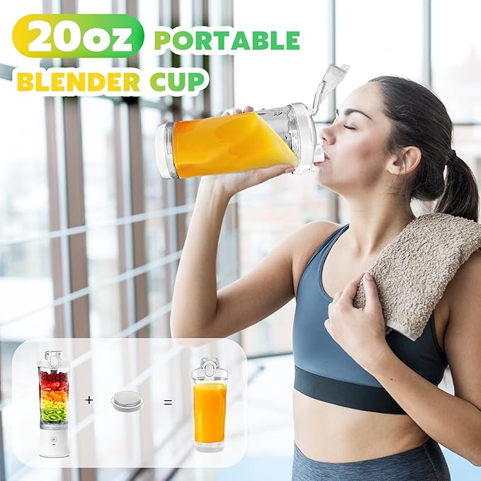 Portable Blender Personal Juicer for Shakes and Smoothies - 20 OZ Electric Protein Shaker Bottle with Insulated Sleeve Travel Lid USB-C Rechargeable - Mini Small Blender Cup for Kitchen Office Gym