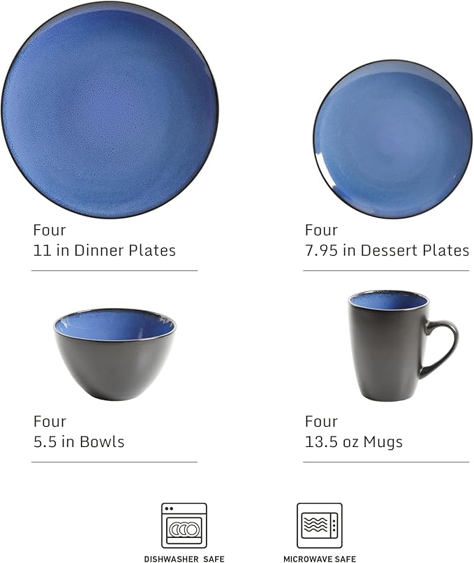 Gibson Elite Soho Lounge Round Reactive Glaze Stoneware Dinnerware Set Service for 4 (16pc) Blue Soho Round.