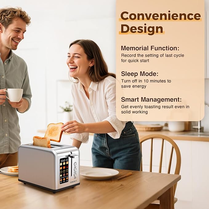 2 Slice Easy Touch Screen Toaster Stainless Steel Toaster with Wide Slots Even Toasting for Bagels &amp Bread Reheat &amp Defrost Removable Crumb Tray Silver