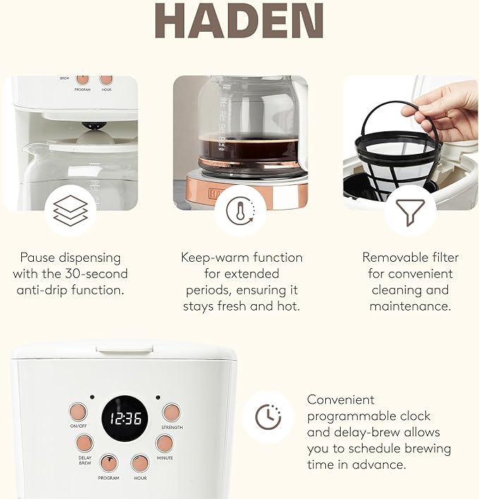 HADEN Coffee Machine 12 Cup Drip Coffee Maker Bundled with Heritage 1.7 Liter Stainless Steel Electric Kettle Ivory &amp Copper