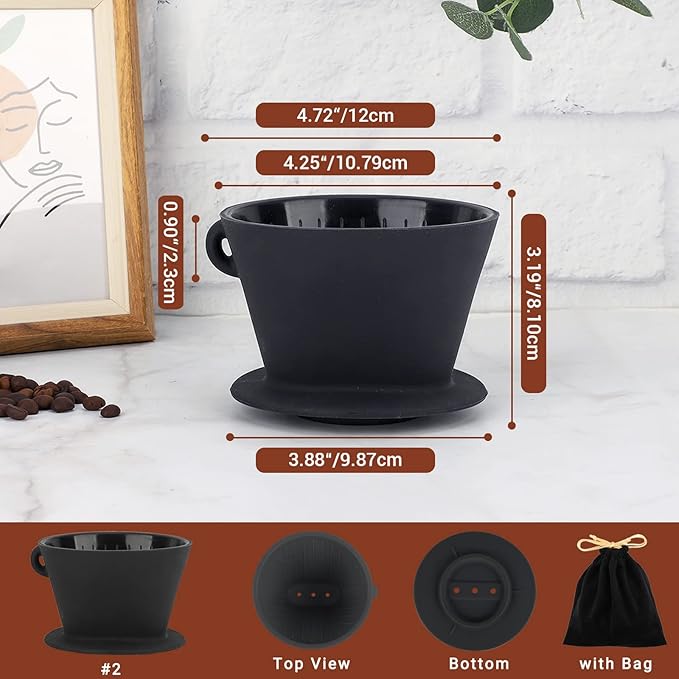 Segarty Pour Over Coffee Maker White Ceramic Coffee Dripper and Black Silicone Dripper Cup Dripping Brewer with 3 Holes Flat Bottom Coffee Filter Holder for Travel Camping Office Home