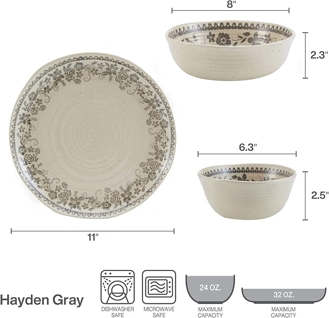 Pfaltzgraff Hayden Floral 12 Piece Dinnerware Set Service for 4 Grey