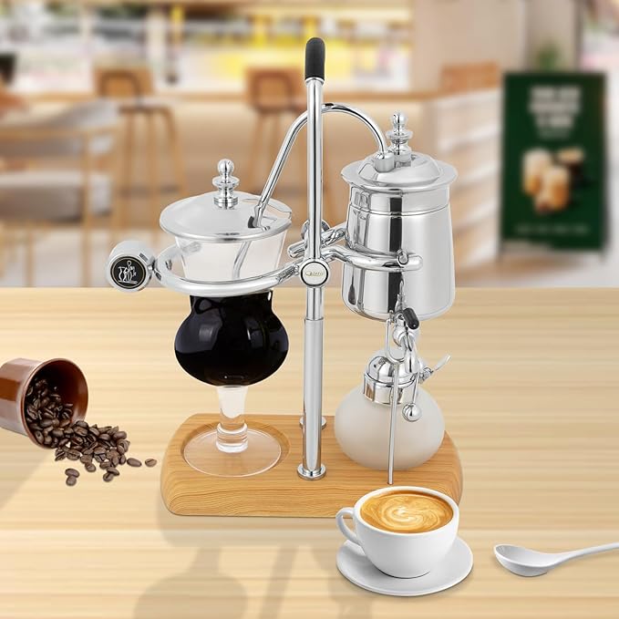 Vintage Belgian Syphon Coffee Maker Silver Luxury Balance Retro Balance Siphon Coffee Pot with Tee Handle for Extract Coffee And Brew Tea (Silver)