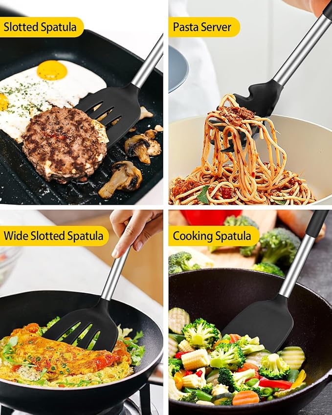 Silicone Cooking Utensil Set 8Pcs Non-stick Cookware with Stainless Steel Handle BPA Free Heat Resistant Kitchen Tools with Spatulas Turners Spoons Skimmer and Pasta Fork