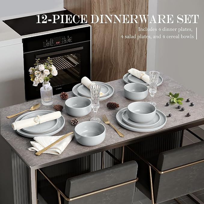 Vesteel 12-Piece Dinnerware set Ceramic Plates and Bowls set with Makeup Clay for 4 Speckled Stoneware Dishes Set for Family Microwave &amp Dishwasher Safe - Light Gray