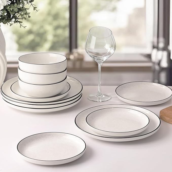 Plates and Bowls Sets for 412 Pieces Ceramic Dish set White Dinnerware Set for Kitchen Modern Design Plate Sets with Black Rim Microwave and Dishwasher Safe