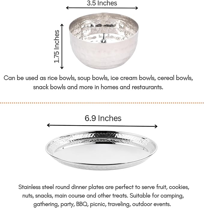 42-Piece Dinnerware set for 6 ~ Stainless steel Hand Hammered Dinner set ~ Plates Tumblers and Bowls (Dishwasher safe Durable)