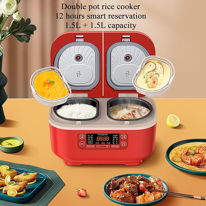 Professional Electric Rice Cooker - 1.5L+1.5L Double Inner Integrated Multi Function 12H Appointment Precise Dual-Sense Temperature Control - Home Kitchen Appliance (Red)