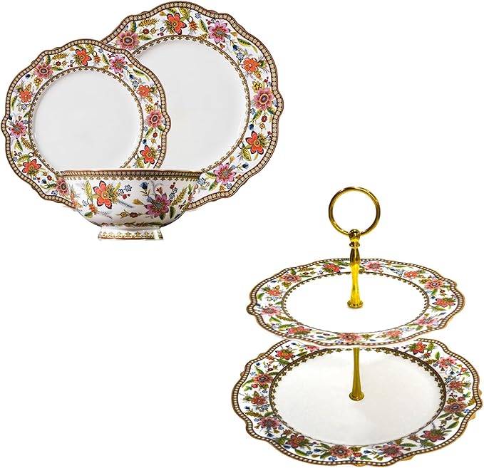 ACMLIFE Fine China Dinnerware Sets for 4 2 Tier Cupcake Stand for Dessert Table