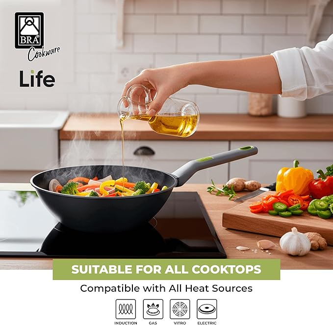 BRA COOKWARE Life 5-Piece Ceramic Cookware Set | Recycled Cast Aluminum Pots &amp Pans Set w/ 1 Sauté Pan 2 Pan 1 Wok 1 Lid | Ceramic Non-Stick Coating | All Stovetos | PFOA Free
