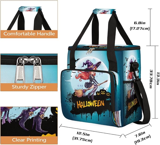 Halloween Witch Broom Moon Coffee Maker Carring Bag Travel Carrying Storage Tote Bag Compatible with Keurig K-Mini or K-Mini Plus Portable Single Serve Coffee Brewer Case with Pockets for K-cup Pods