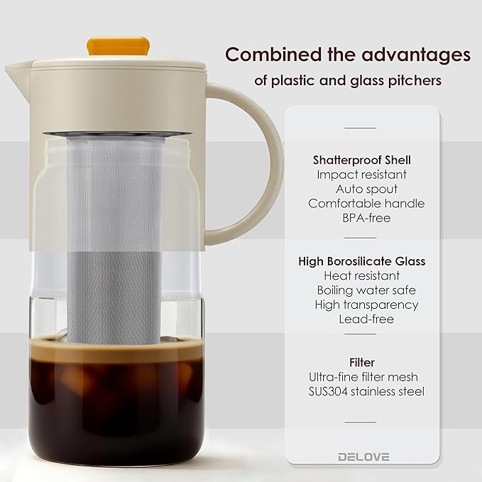 Delove Cold Brew Coffee Maker with Auto Spout – Shatterproof Plastic Shell Wide Mouth Design – 62 oz (1.9 Quart) Iced Tea Glass Carafe with Removable Removable Mesh Filter (2 Beige)