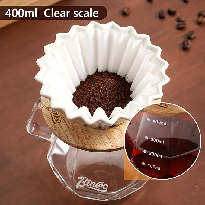 Bincoo 400ML Pour Over Coffee Maker Set with Filter PaperCeramic Pour Over Coffee Dripper 1-2 Cups-Professional Coffee Brewing Pot for Home Office(White)