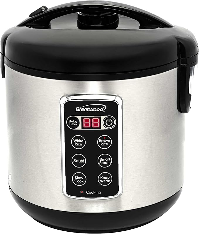 Brentwood 7-Function Smart Rice Multi-Cooker – Food Steamer Slow Cooker Sauté Keep Warm and 15hr Delay Timer with Spatula and Measuring Cup Stainless Steel (10 Cups Cooked / 5 Cups Uncooked)