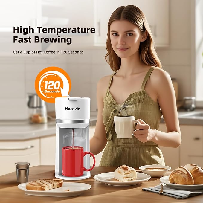 Mini Single Serve Coffee Maker for K Cup and Ground Coffee Fast Brew One Cup Coffee Machine with Descaling Reminder and Water Window 6 to 12 oz. Brew Sizes White