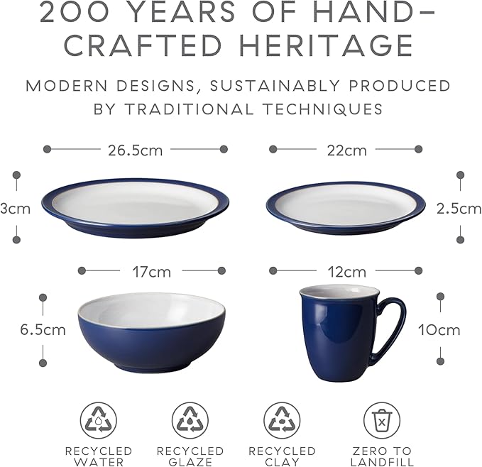 Denby - Elements Dark Blue Dinner Set For 1-4 Piece Ceramic Tableware - Dishwasher Microwave Safe Crockery Single Place Setting - 1 x Dinner Plate 1 x Small Plate 1 x Cereal Bowl 1 x Coffee Mug