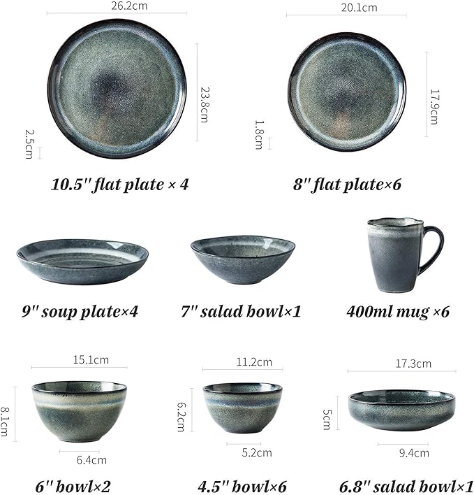 Dinner SetPorcelain Dinnerware Sets Retro Kiln Changing Glaze 30 Pieces Ceramics Dinner Combination Set | Cereals Bowls and Steak Plates Sets for Restaurant