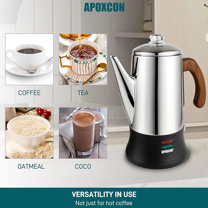 Electric Coffee Percolator Stainless Steel Coffee Pot with Two Tough Glass Clear Brew Progress Knob &amp Treated Solid Wood Handle &amp On/OFF Switch Auto Keep Warm Cordless Serve (8 Cup)