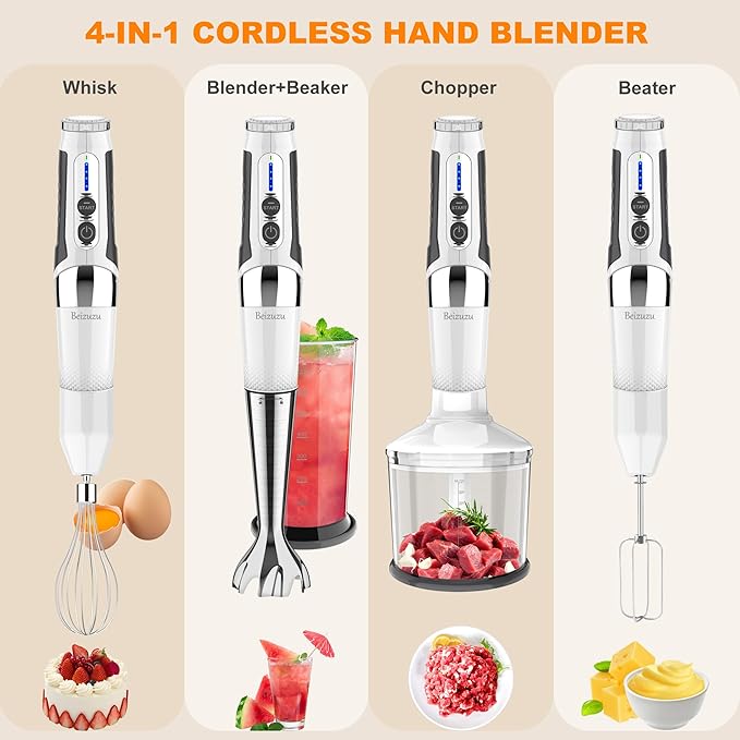 Cordless Immersion Blender: 4-in-1 Rechargeable Cordless Hand Blender 21-Speed &amp 3-Angle Adjustable with Chopper Beaker Whisk Beater for Milkshakes | Smoothies | Soup Baby Food (White)